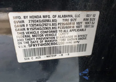 2012 Honda Pilot Ex-L z USA, uszkodzony, nr VIN 5FNYF4H59CB042200
